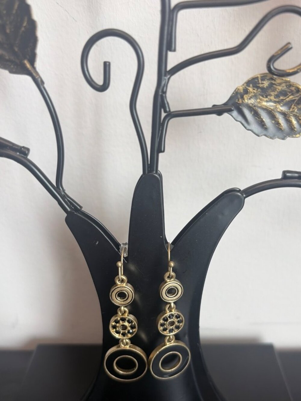 Gold Tone Black Enamel Geometric Drop Dangle Earrings Statement Boho Modern